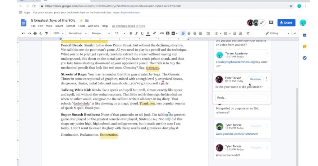 Commenting feature in google docs