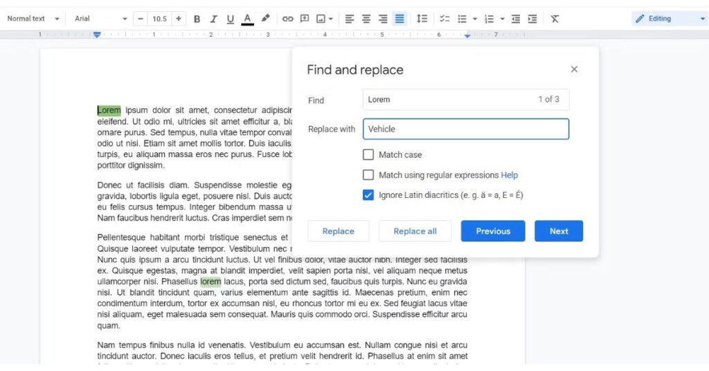 Find and Replace in google docs