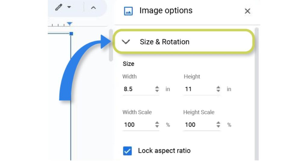 Size & Rotation in google docs
