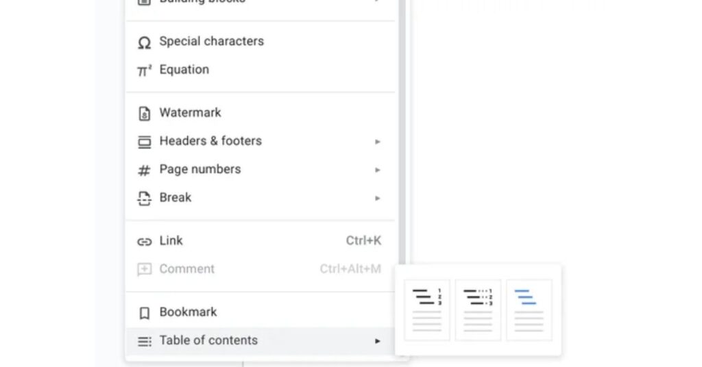 Table of Contents in google docs
