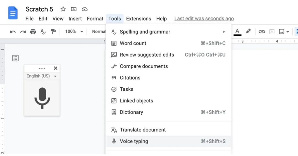 Voice Typing in google docs